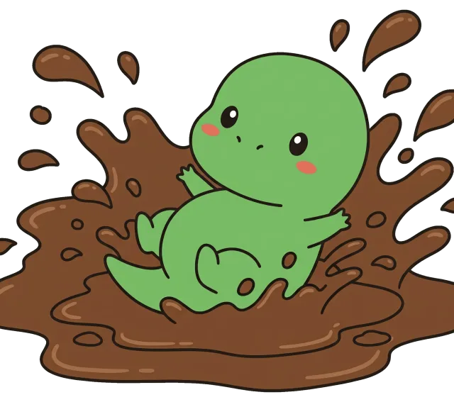 Cute green dinosaur splashing in mud