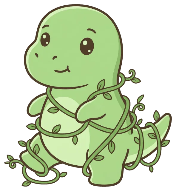 Cute green dinosaur wrapped in leafy vines