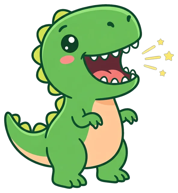 Cute happy green cartoon dinosaur with stars