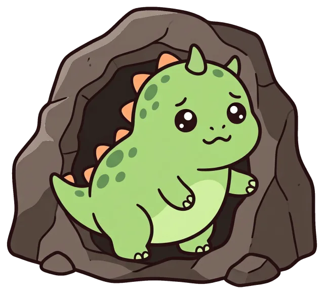Cute sad baby dinosaur standing in cave entrance