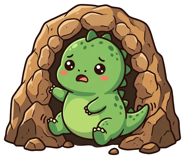 Sad baby dinosaur sitting inside a rocky cave