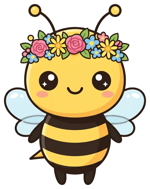 Cute bee with flower crown and sparkling eyes