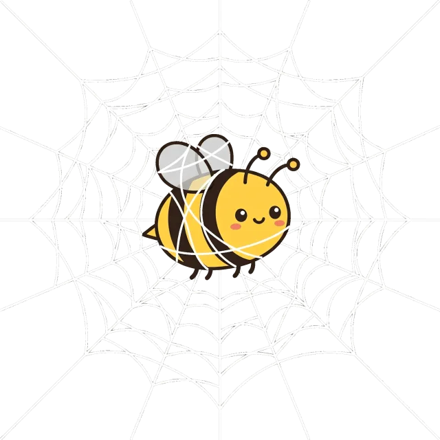 Cute cartoon bee caught in a spider web