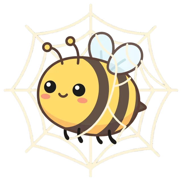 Cute cartoon bee caught in spider web