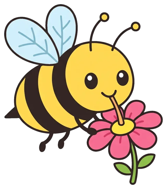 Cute cartoon bee collecting nectar from pink flower