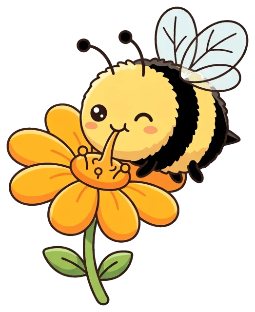 Cute cartoon bee drinking nectar from orange flower