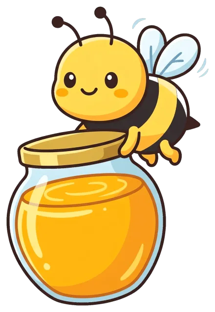 Cute cartoon bee holding a jar of honey