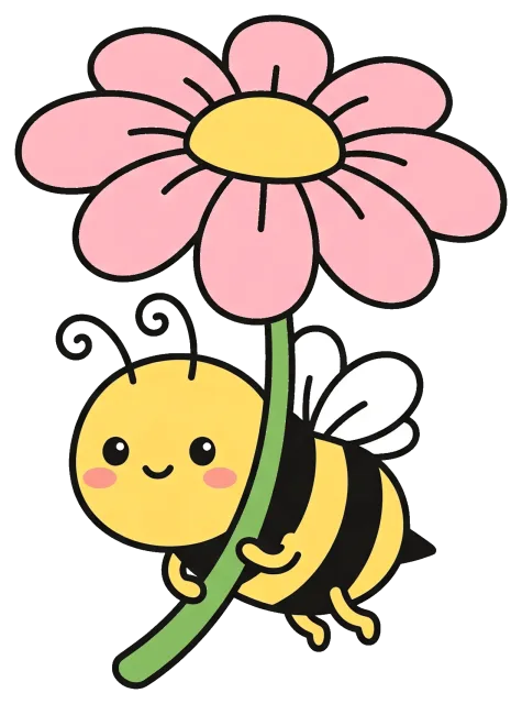 Cute cartoon bee holding a pink flower stem
