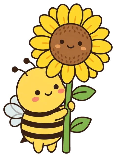Cute cartoon bee holding a smiling sunflower