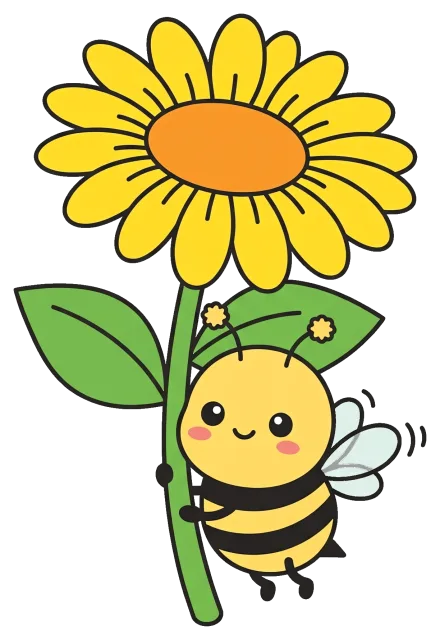 Cute cartoon bee holding a sunflower stem
