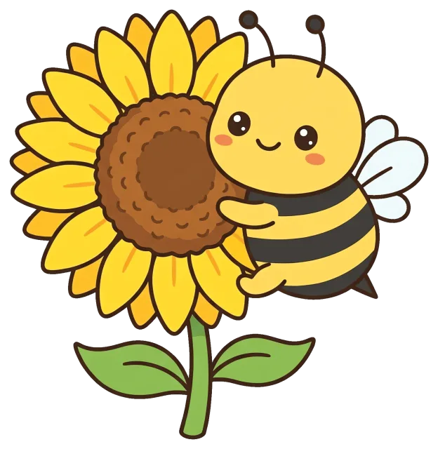 Cute cartoon bee hugging a bright sunflower