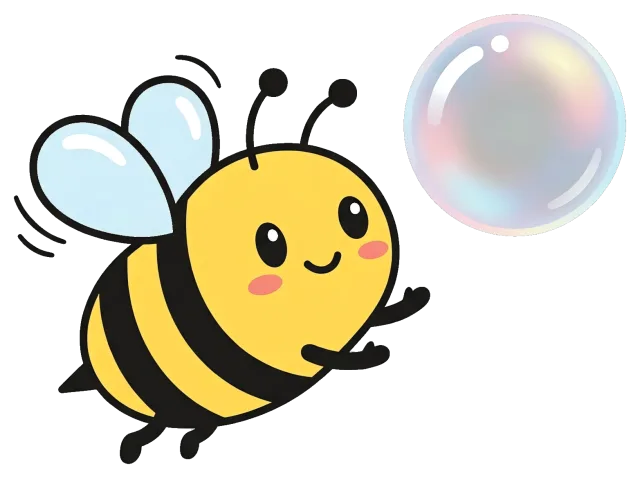 Cute cartoon bee reaching for a colorful bubble