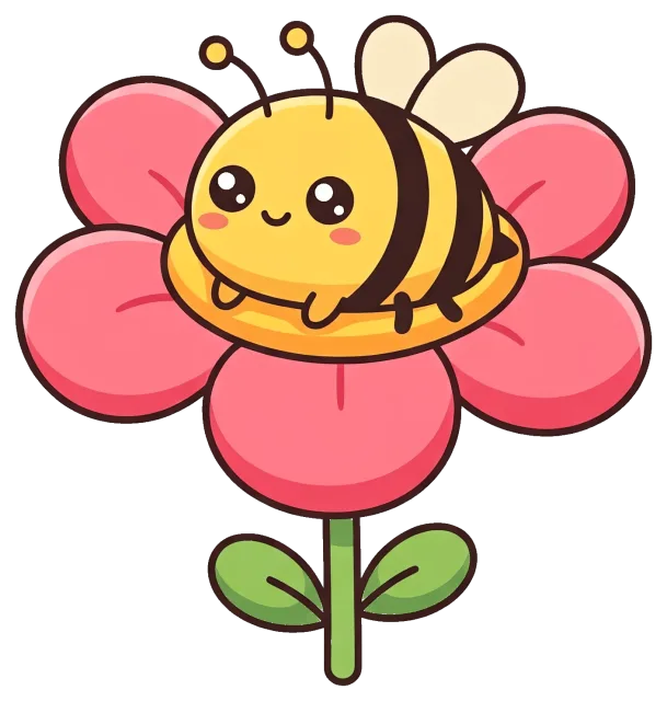 Cute cartoon bee resting on a pink flower