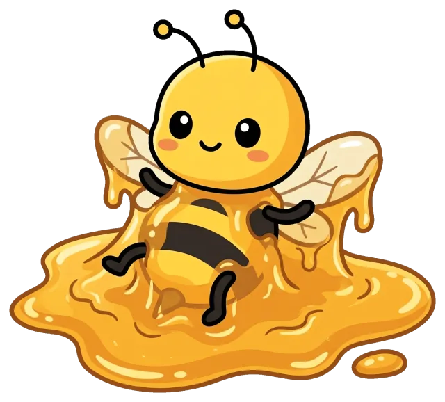 Cute cartoon bee sitting in a puddle of honey