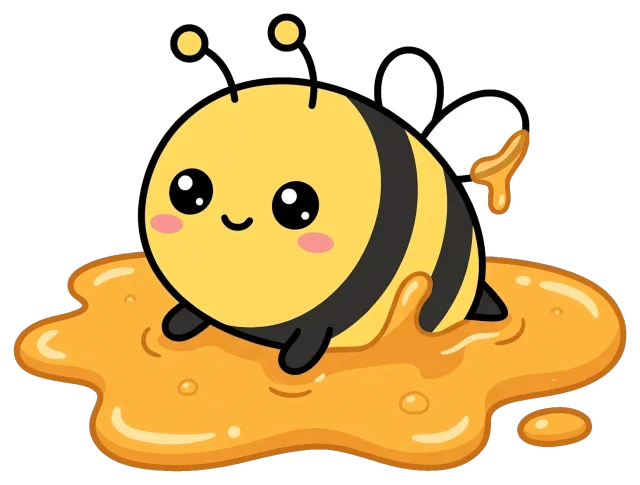 Cute cartoon bee sitting in honey puddle