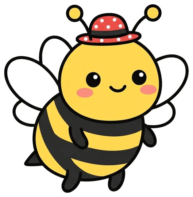 Cute cartoon bee wearing a red polka dot hat