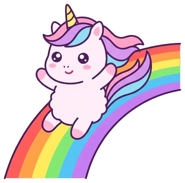 Cute cartoon unicorn jumping over a rainbow