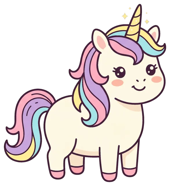 cute cartoon unicorn with pastel rainbow mane and sparkles