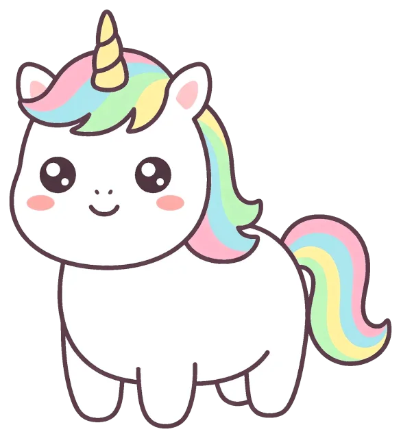 Cute cartoon unicorn with rainbow mane and tail