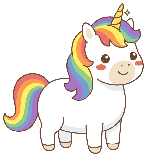 Cute cartoon unicorn with rainbow mane and tail