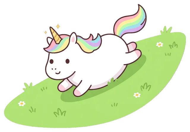 Cute chubby unicorn running on grass with flowers