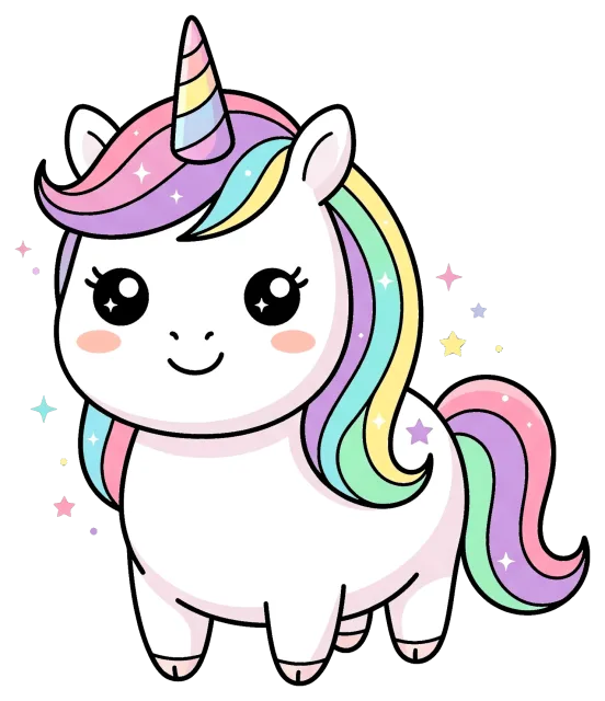 Cute chubby unicorn with rainbow mane and sparkling stars
