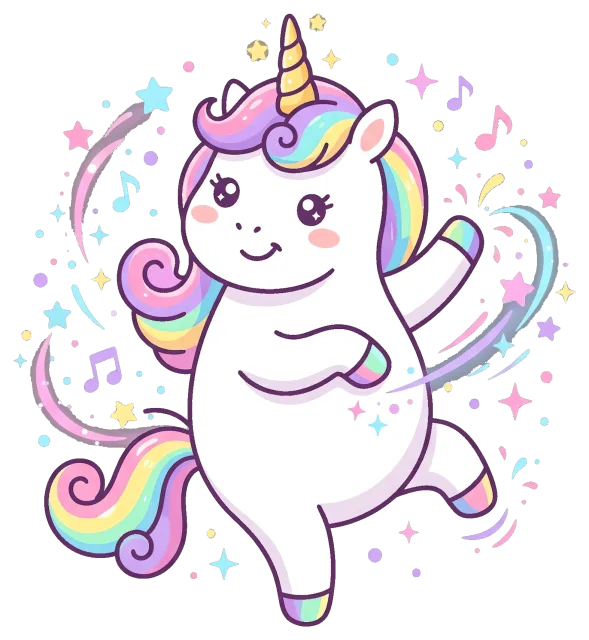 Cute Dancing Unicorn with Rainbow Mane and Magical Stars