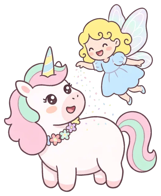 Cute fairy sprinkling magic dust on a happy unicorn