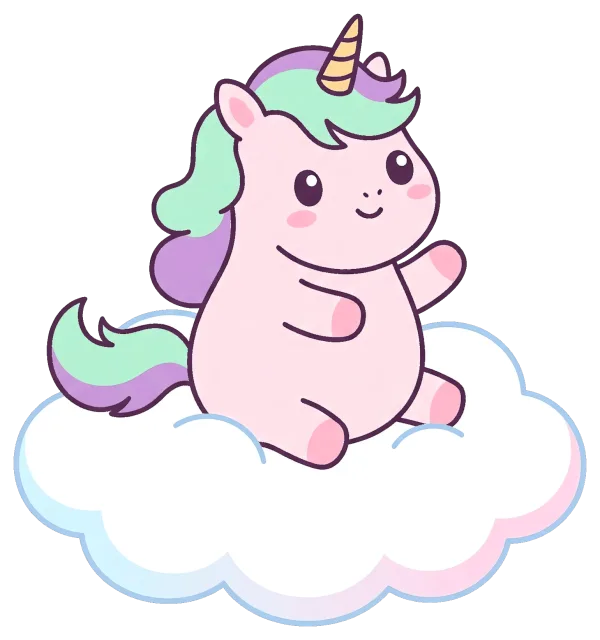 Cute pastel unicorn sitting on a fluffy cloud
