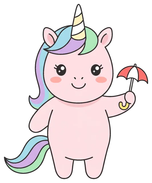 Cute pink unicorn holding a small red and white umbrella