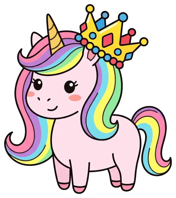 Cute pink unicorn with rainbow mane and crown