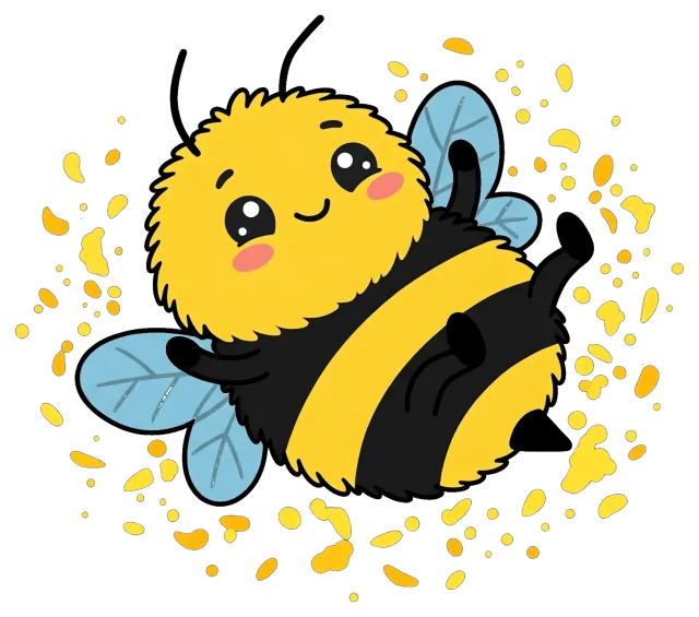 Cute smiling bee surrounded by pollen