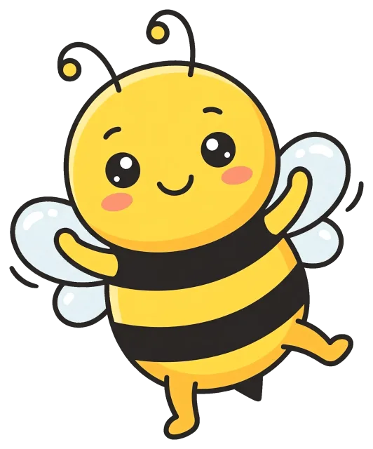Cute smiling cartoon bee with wings and antennae