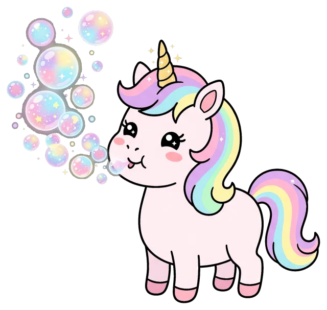 Cute unicorn blowing colorful sparkling bubbles