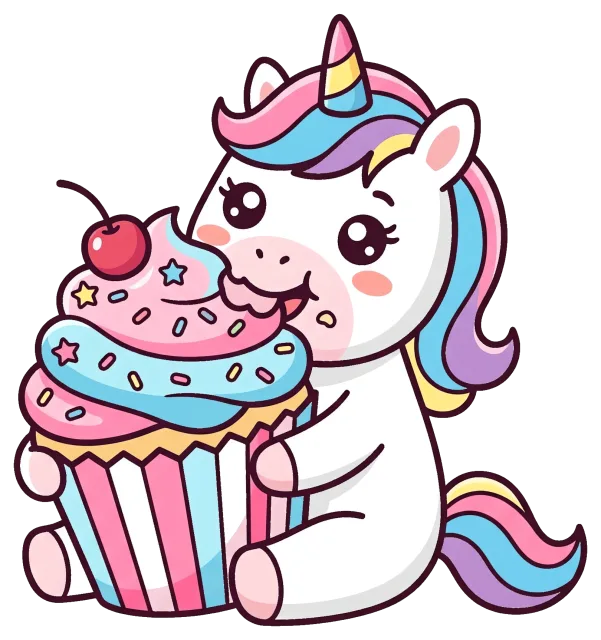 Cute unicorn eating a large colorful cupcake
