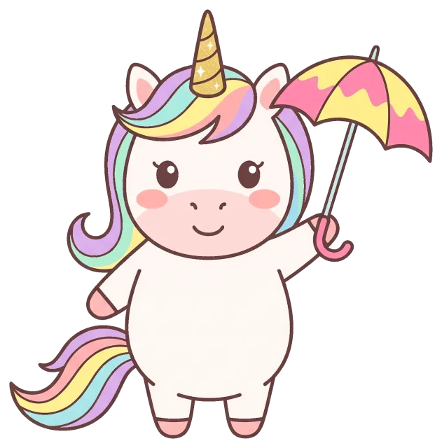 Cute unicorn holding a colorful umbrella