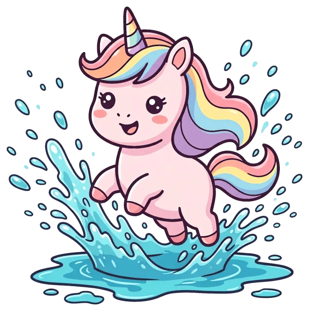 Cute unicorn jumping in water splash