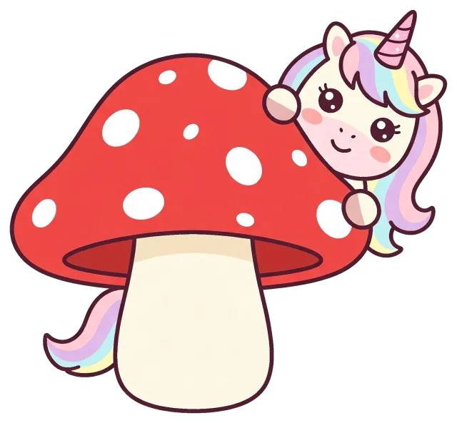 Cute unicorn peeking from behind red spotted mushroom
