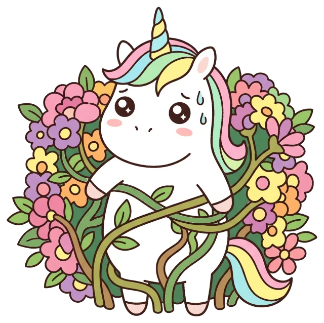 Cute unicorn tangled in colorful flower vines