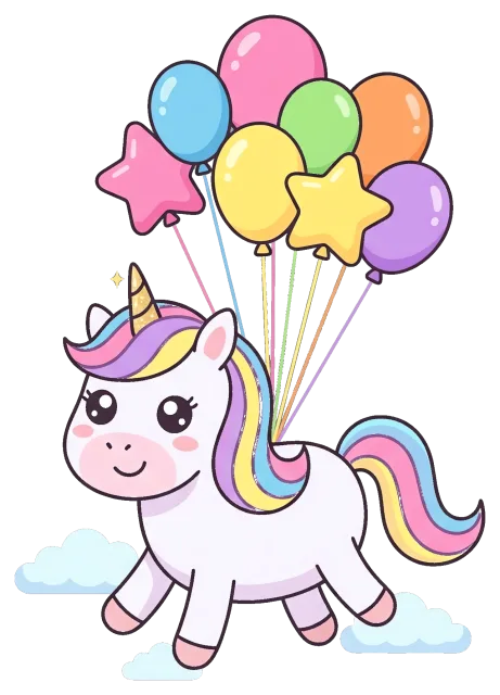 Cute unicorn with colorful balloons and clouds