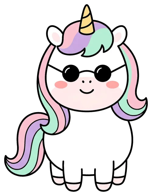 Cute unicorn with pastel mane wearing sunglasses