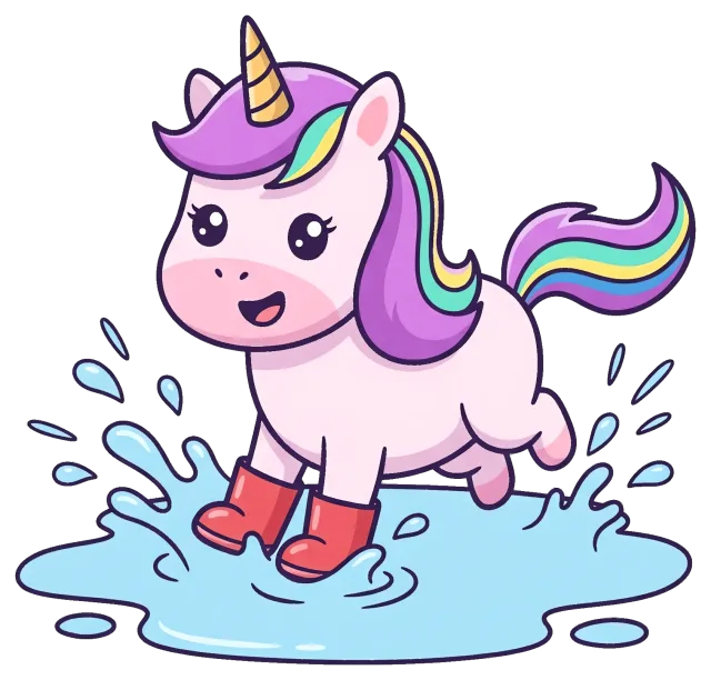 Cute unicorn with purple mane splashing in water wearing red boots