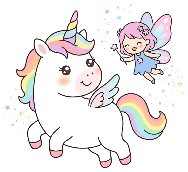 Cute unicorn with rainbow mane and fairy with magic wand