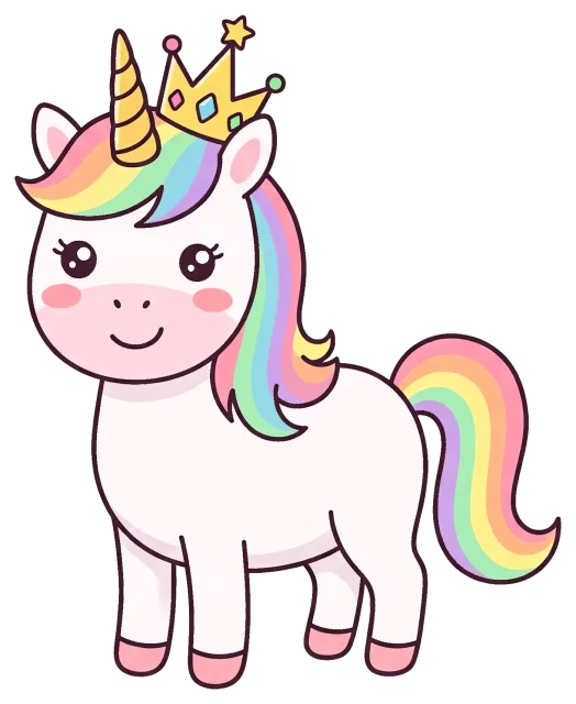 Cute unicorn with rainbow mane and golden crown