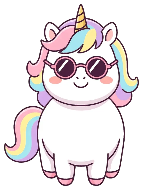 Cute unicorn with rainbow mane wearing sunglasses