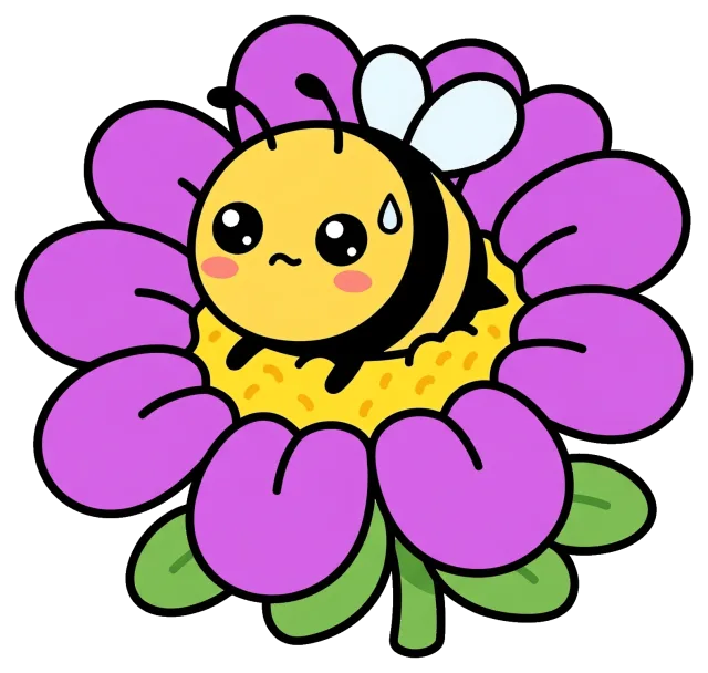 Cute worried bee sitting on a purple flower