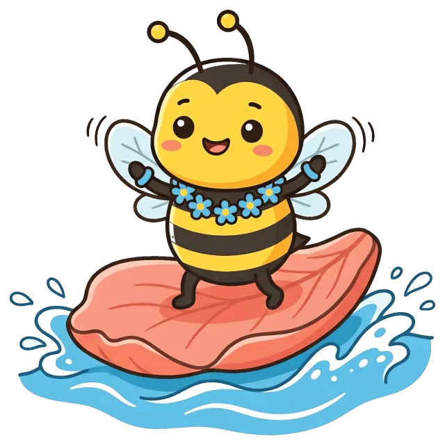Happy cartoon bee surfing on a pink petal over water