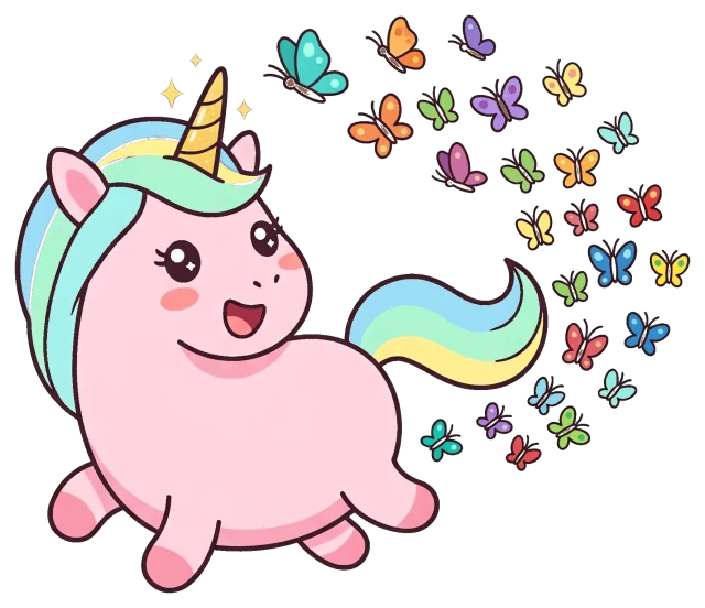 Happy pink unicorn with rainbow mane and colorful butterflies