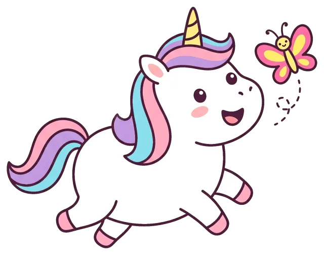 Happy unicorn with pastel mane chasing a butterfly
