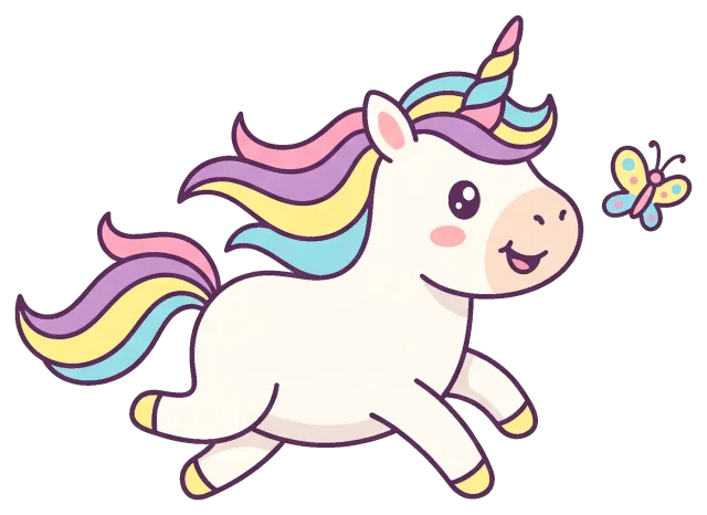 Happy unicorn with rainbow mane chasing butterfly